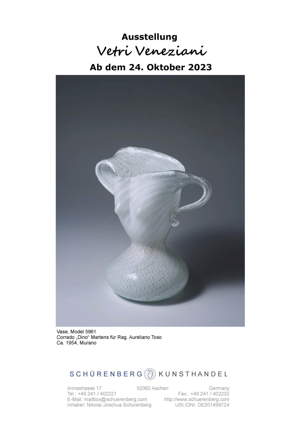 Vetri Veneziani 24. Okt.–11. Nov.2023 Ausgewähltes sammelwürdiges Murano Glas von 1900 bis Heute.